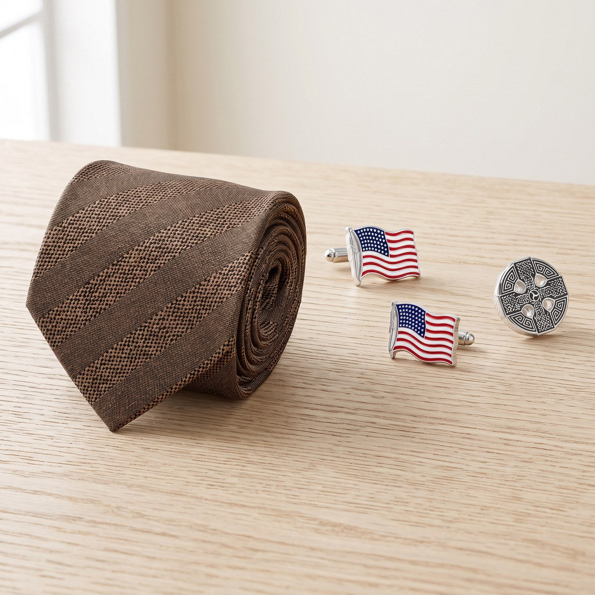 Rolled necktie, cufflinks and a lapel pin laid out on pale oak at XSREZ