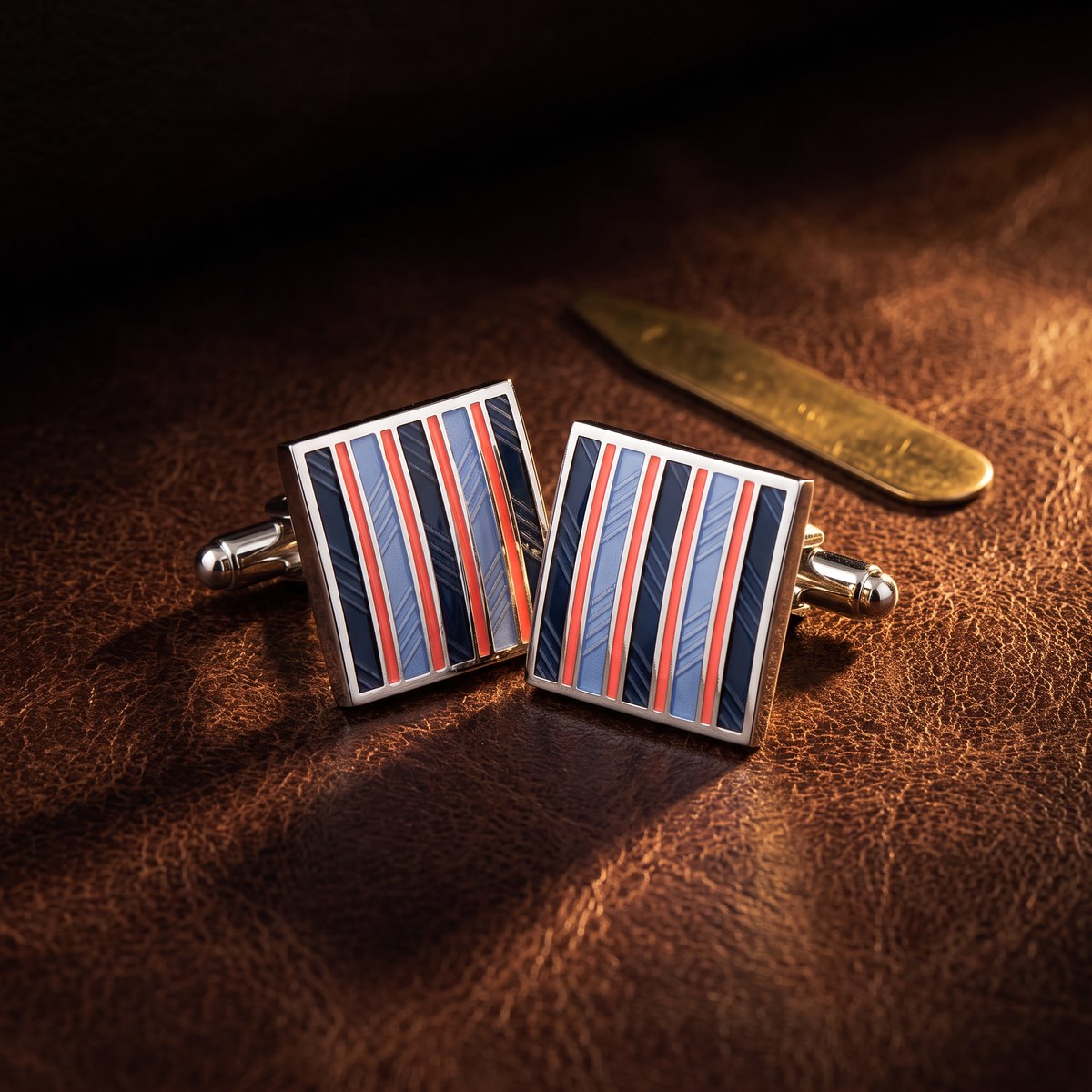 Striped square cufflinks on dark brown leather at XSREZ