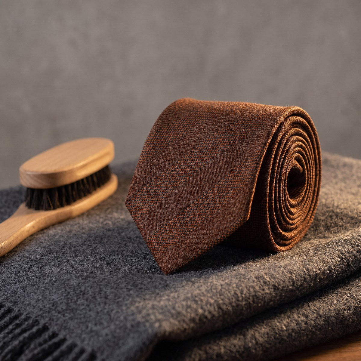 Rolled brown tweed striped necktie on a folded wool blanket at XSREZ