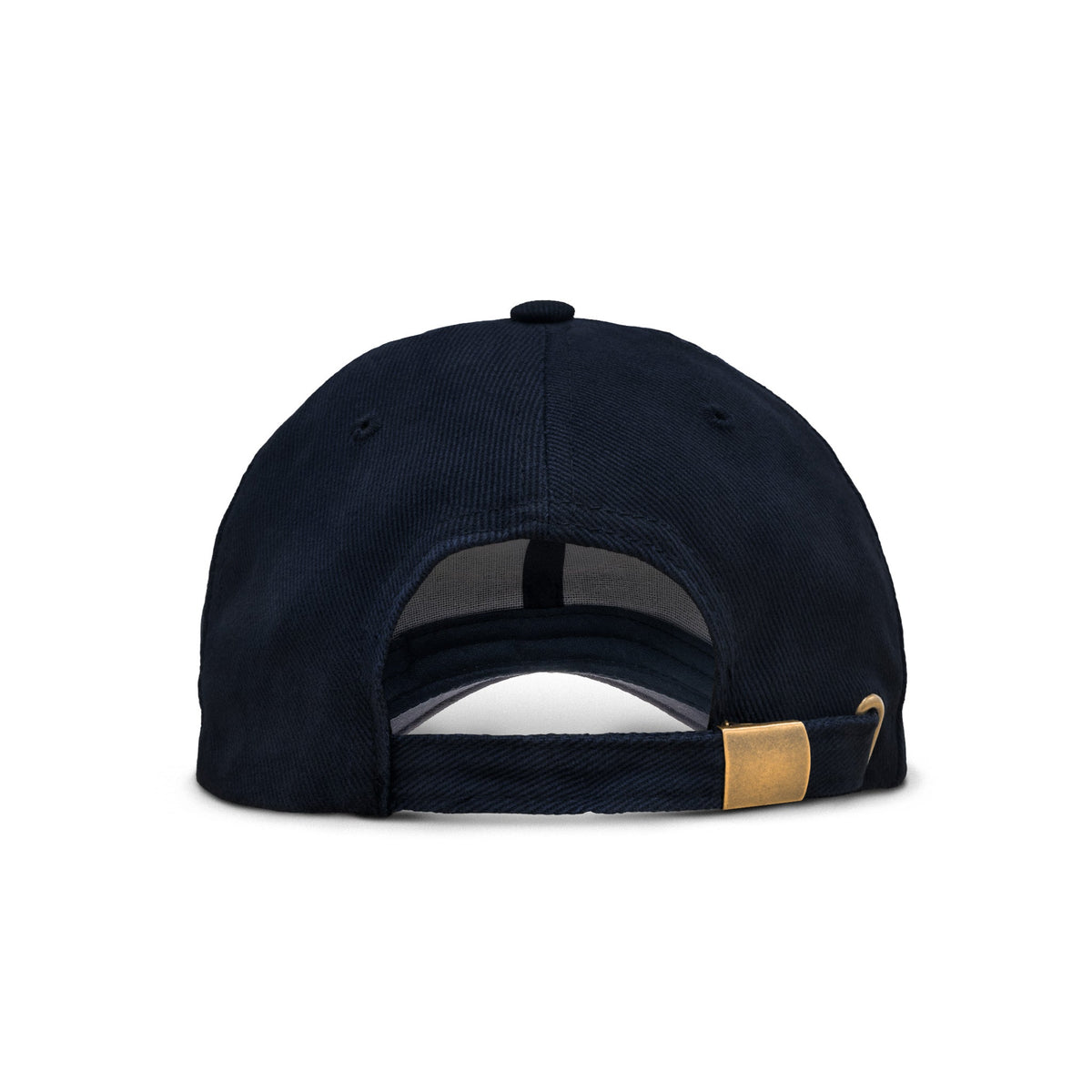Navy baseball cap back view with adjustable strap and metal buckle.