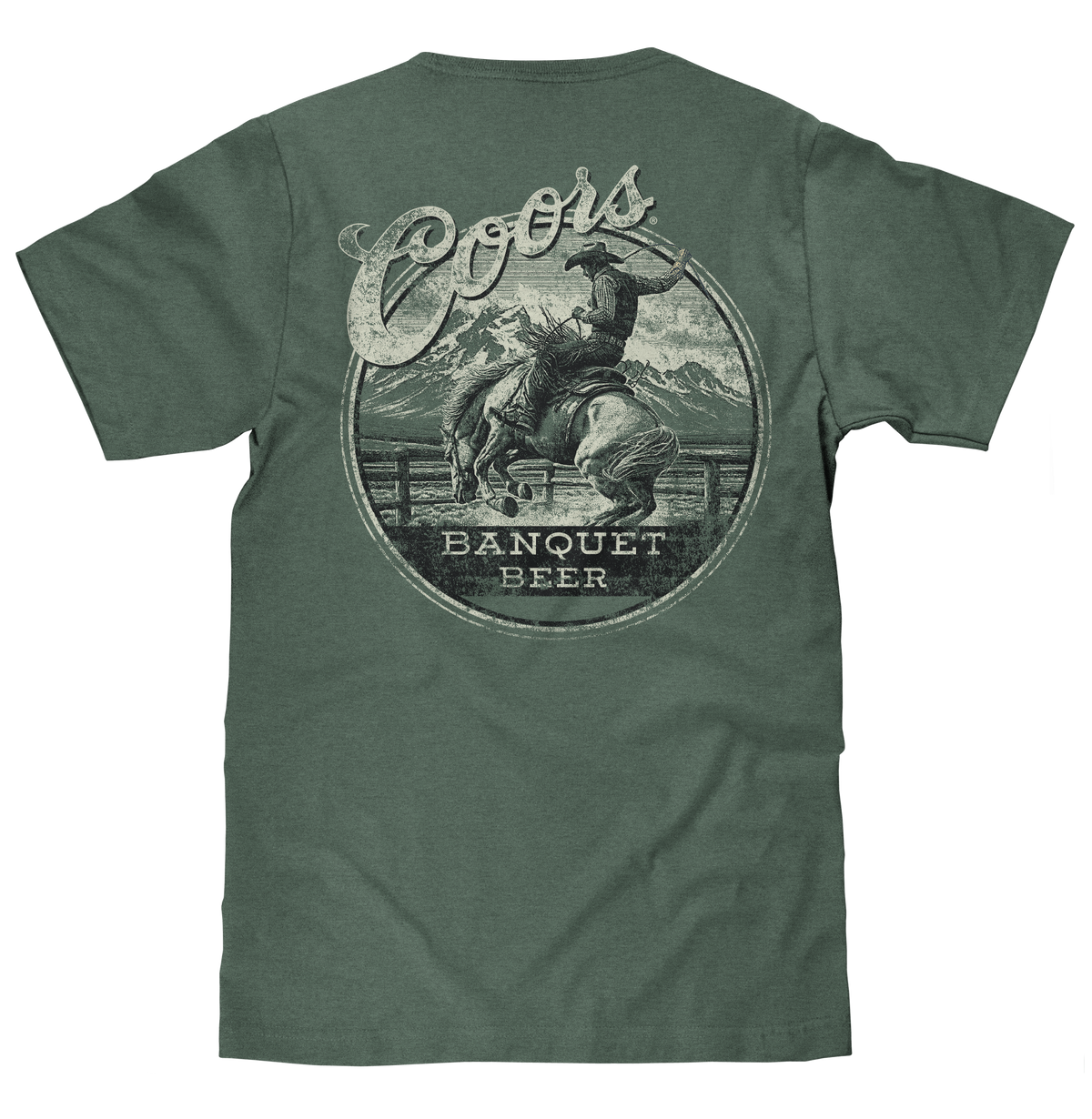 Coors Banquet Beer Rodeo Horse Front Pocket Tee T-Shirt - Cypress Green