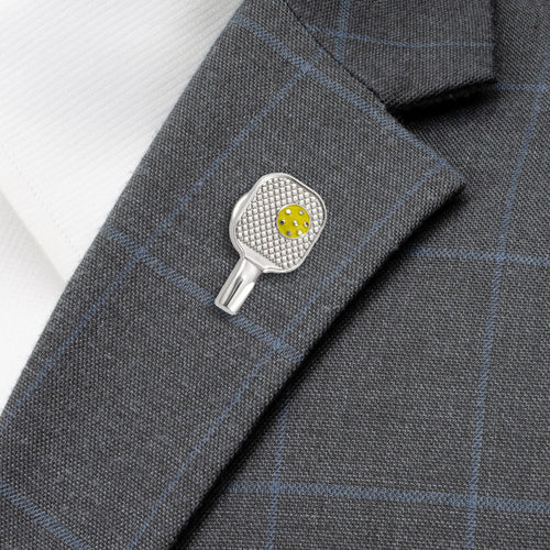 Pickleball racket lapel pin with small pickleball paddle detail, silver backing