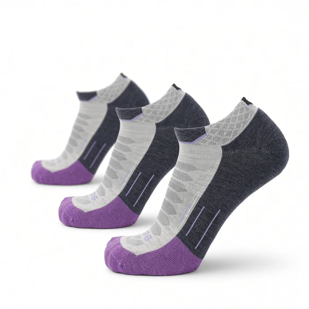 3-pack ankle running socks in amethyst, gray, and dark navy; merino wool knit with rib cuff