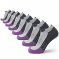 8 pairs of run ankle merino wool socks in dark gray and purple with striped accents