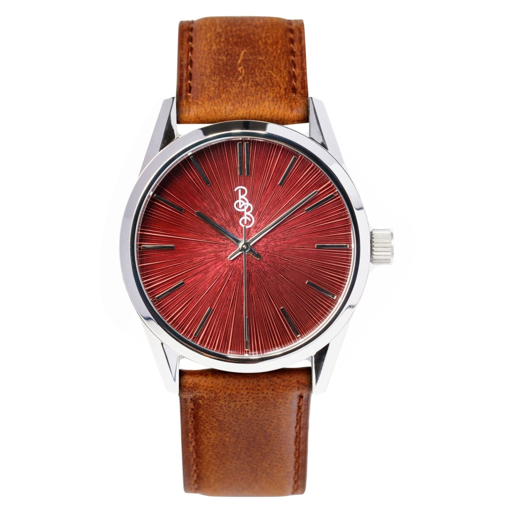 Burgundy Sunburst Watch - close-up detail view