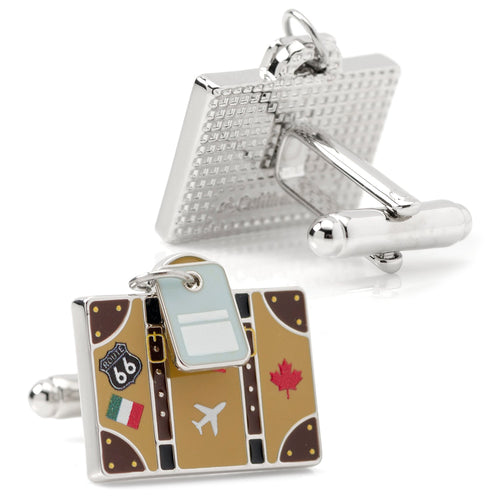 Traveler suitcase cufflinks, silver-tone with colorful suitcase enamel details and hook backs