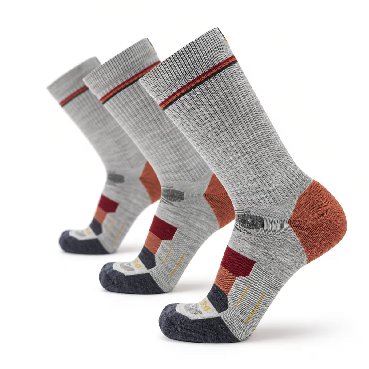 Three-pack lightweight merino crew hiking socks, gray with orange and burgundy stripes