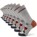 8-pack lightweight merino wool crew socks, gray with red and orange stripes; cushioned toe