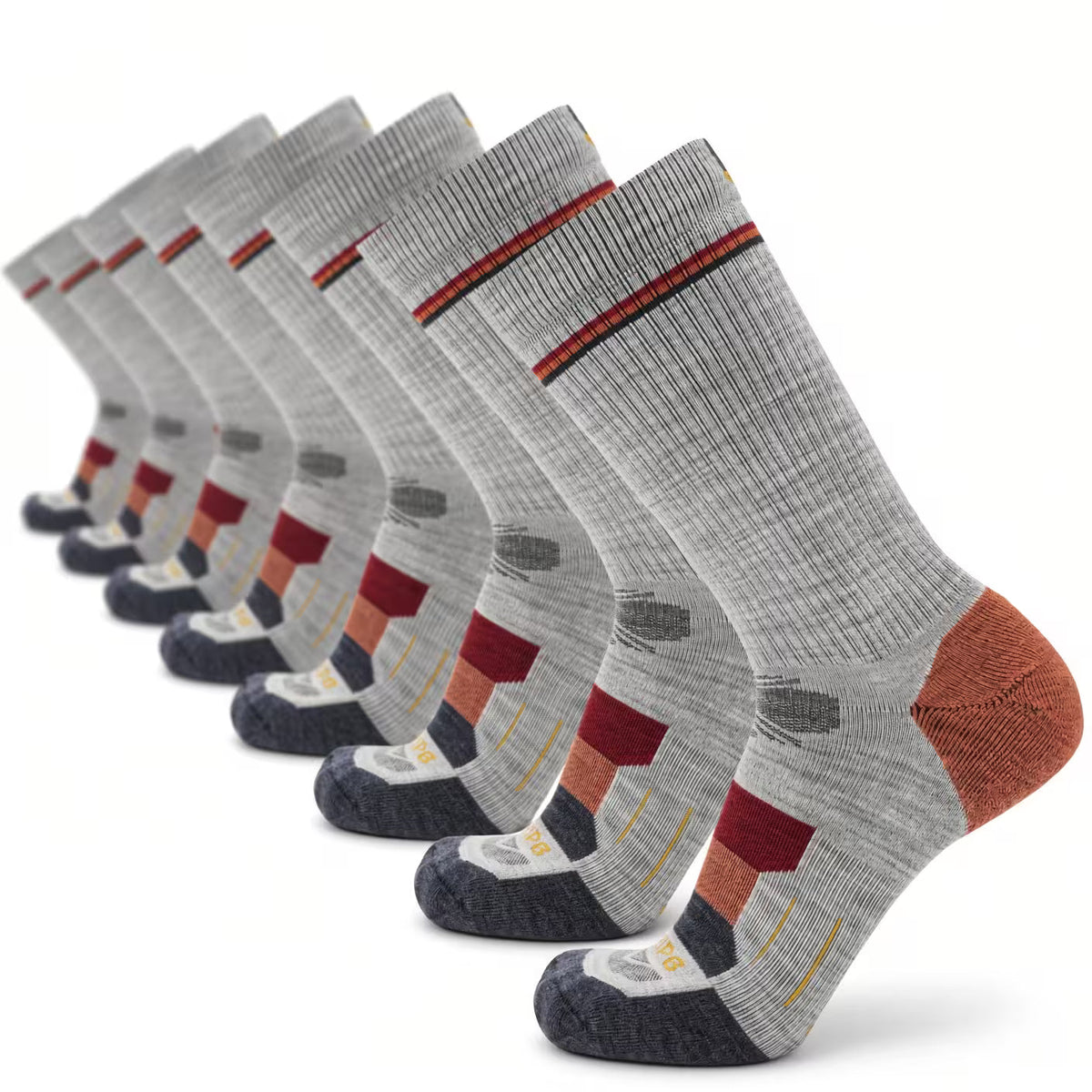 8-pack lightweight merino wool crew socks, gray with red and orange stripes; cushioned toe
