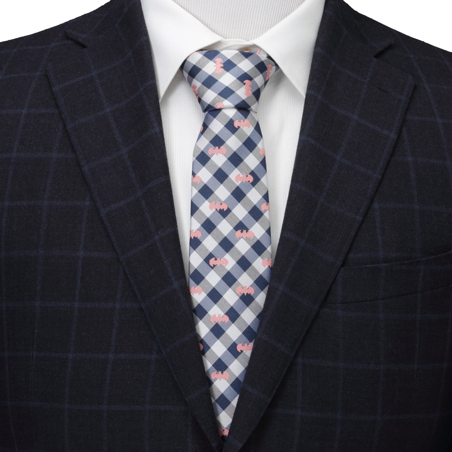 DC Batman Plaid Navy Men's Tie - close-up detail view