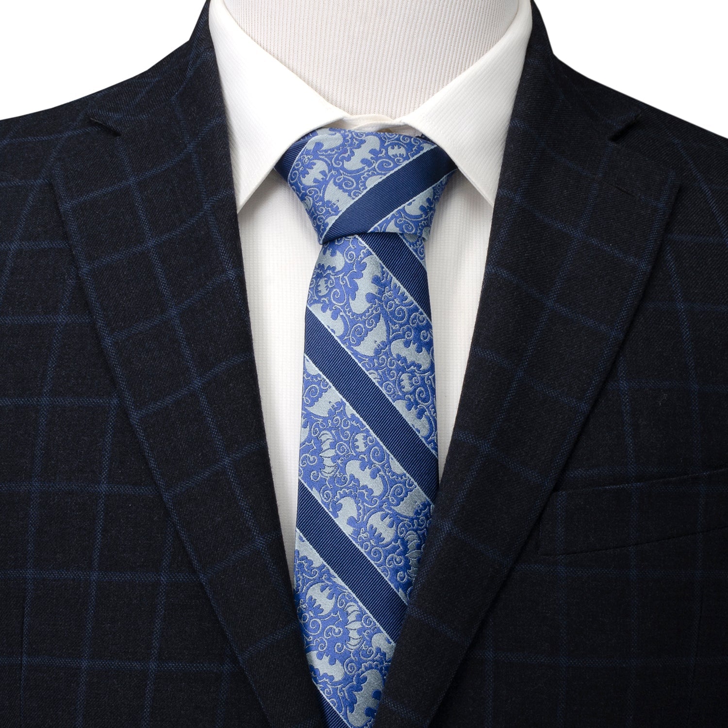 DC Batman Stripe Multi Emblem Blue Men's Tie - close-up detail view