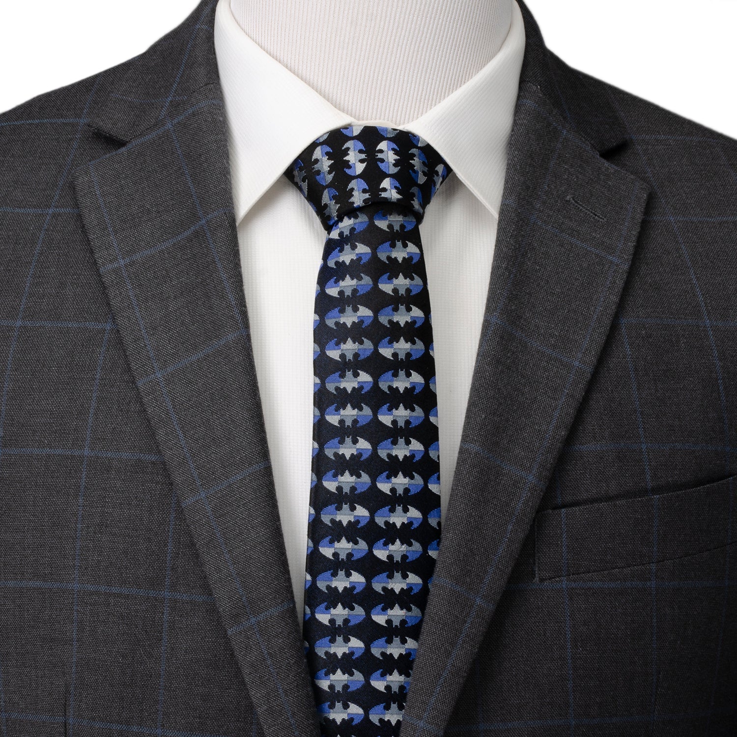 DC Batman Blue Blocked Black Men's Tie - close-up detail view