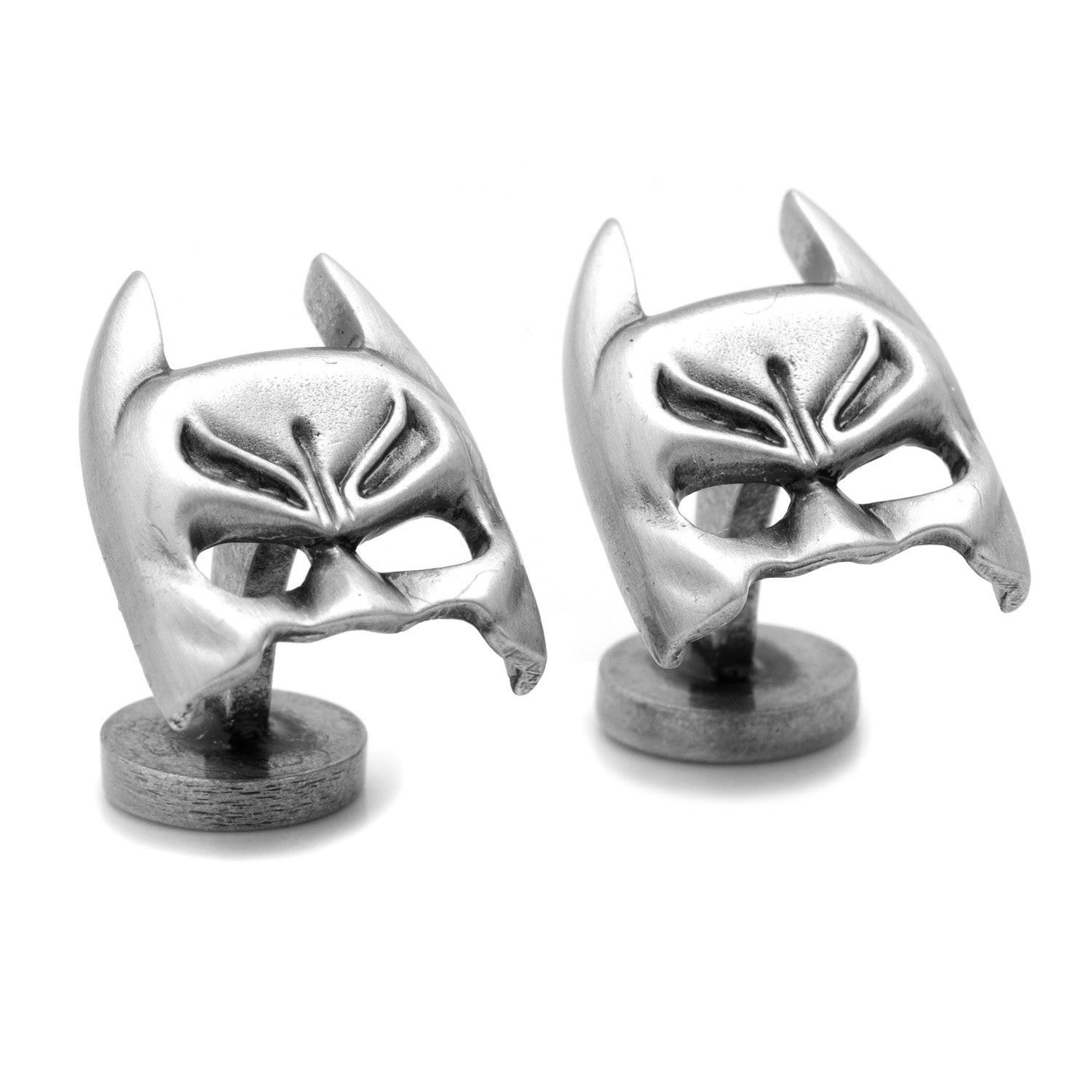 DC Batman Cowl Mask Silver Cufflinks - close-up detail view