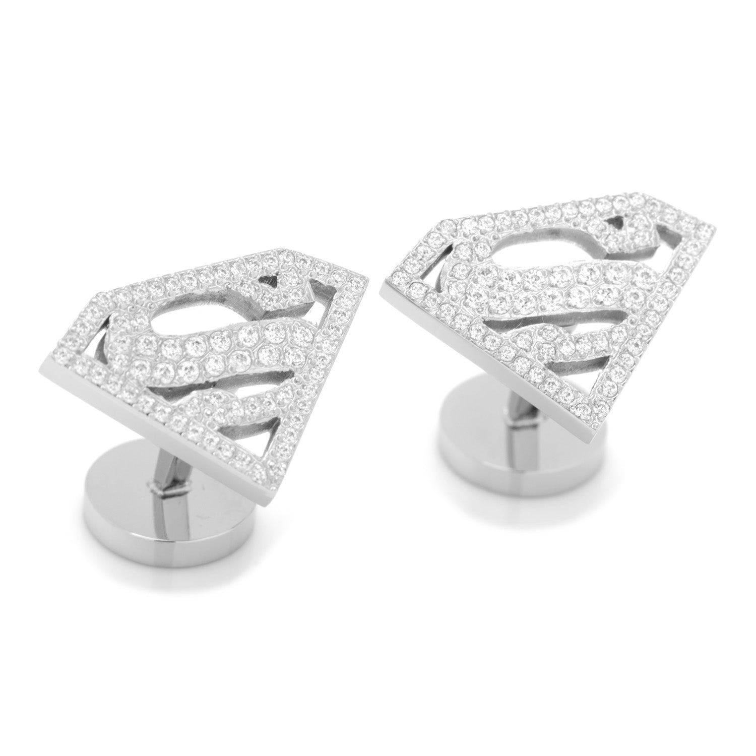 DC Superman Stainless Steel White Pave Crystal Cufflinks - close-up detail view
