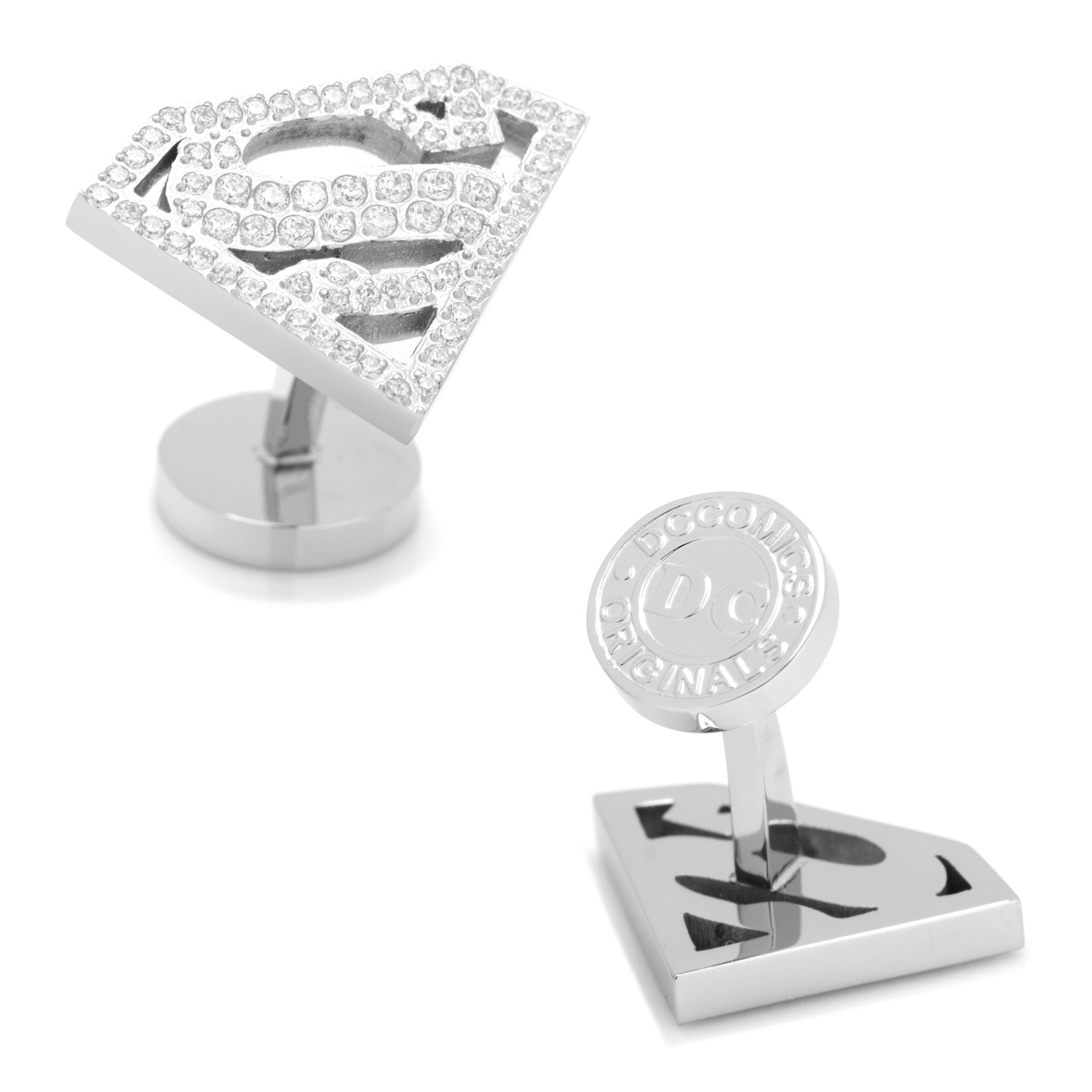 DC Superman Stainless Steel White Pave Crystal Cufflinks - Officially licensed DC Comics cufflinks available at XSREZ