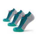3-pack ankle running socks in emerald green and heather gray, cushioned toe/heel