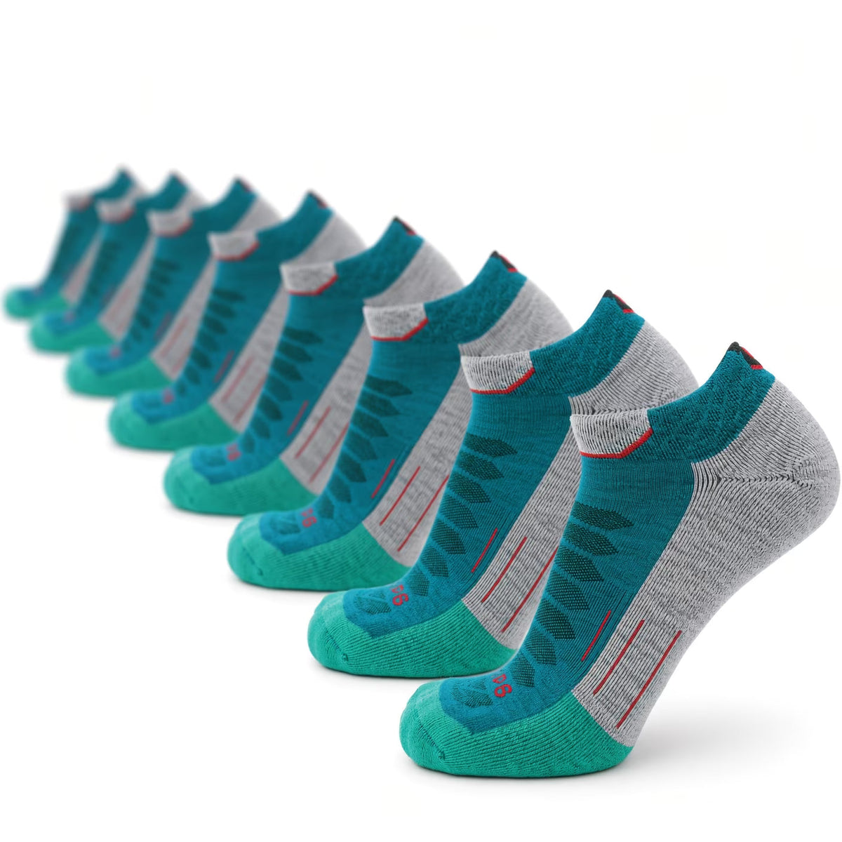 Eight pairs midweight merino wool running ankle socks, teal with gray toes and heels