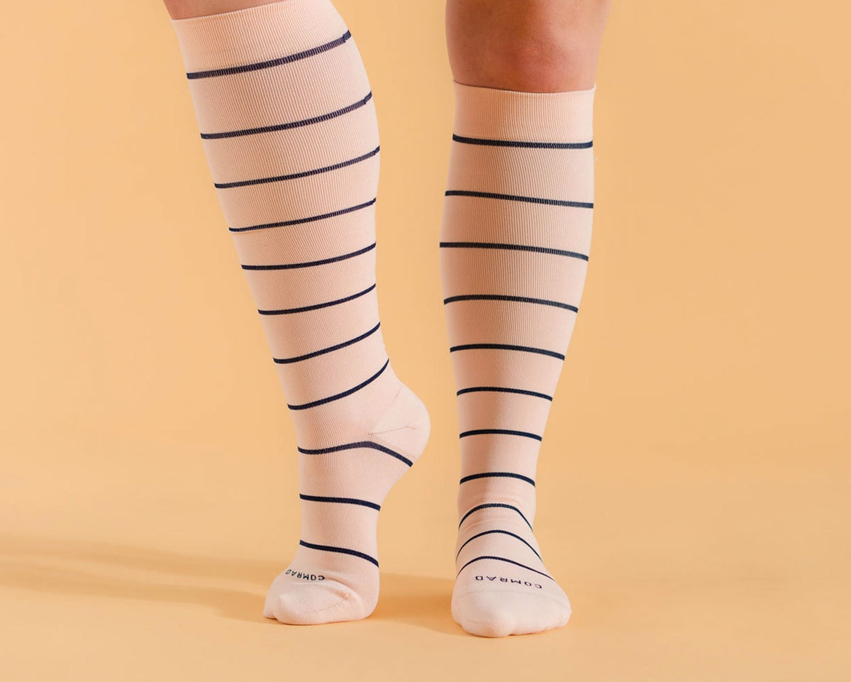 Rose knee-high compression socks with navy stripes