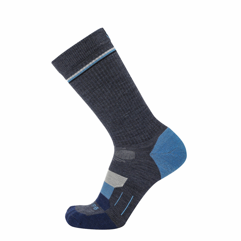 Single crew sock in dark blue with teal cuff stripe and gray heel panel
