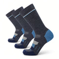 3-pack crew socks in dark blue with teal and gray stripes, merino wool blend