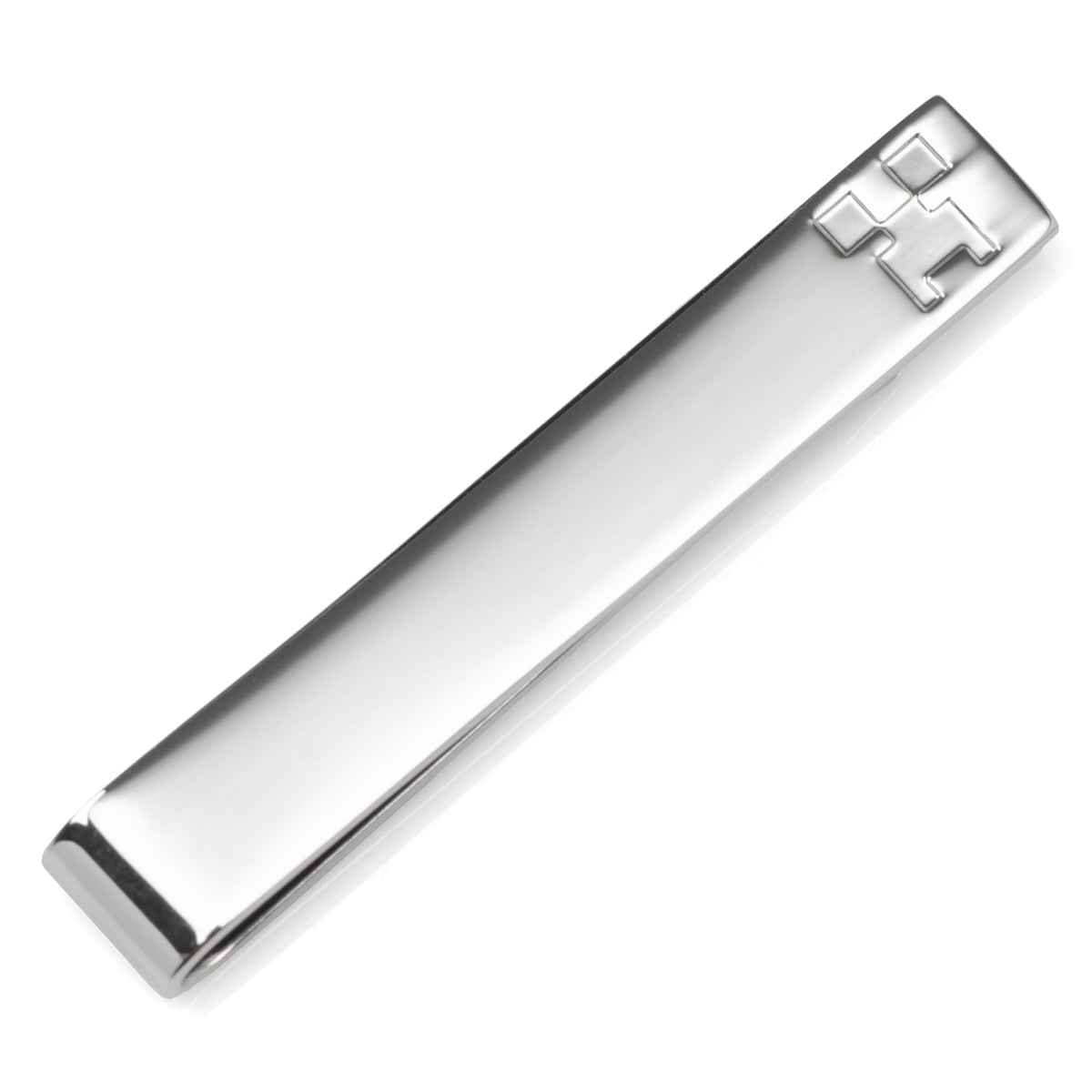 Silver tie bar with pixel creeper emblem on one end
