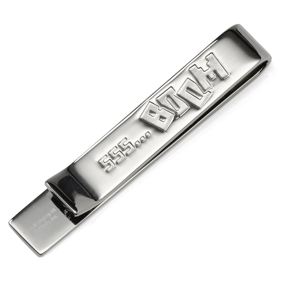 Silver tie bar with engraved hidden message text and pixel creeper emblem