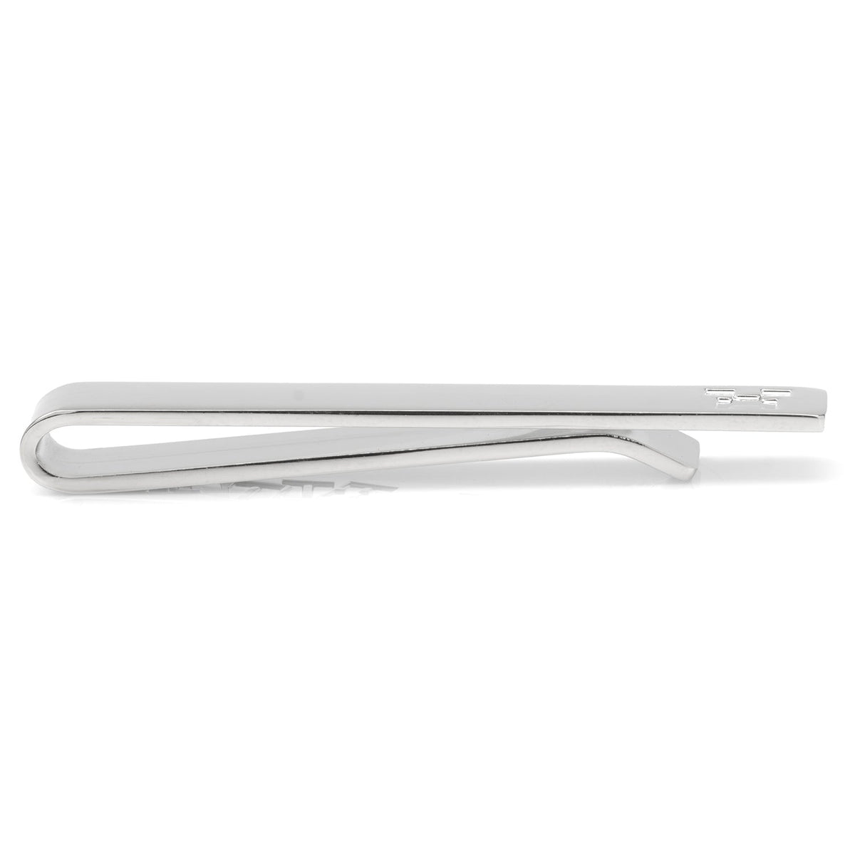 Silver tie bar, side view with prong clasp and smooth metal finish