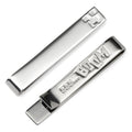 Silver tone tie bar with clasp ends, pixel creeper emblem and engraved hidden text
