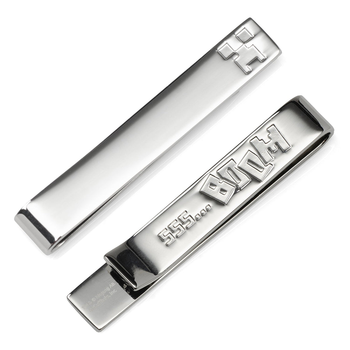 Silver tone tie bar with clasp ends, pixel creeper emblem and engraved hidden text