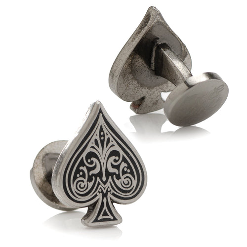 Ace of Spades Antique Silver Cufflinks - close-up detail view