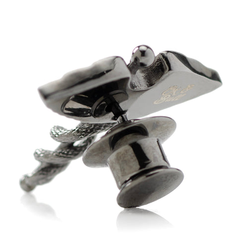 Gunmetal caduceus lapel pin with crystal-studded serpents and shine