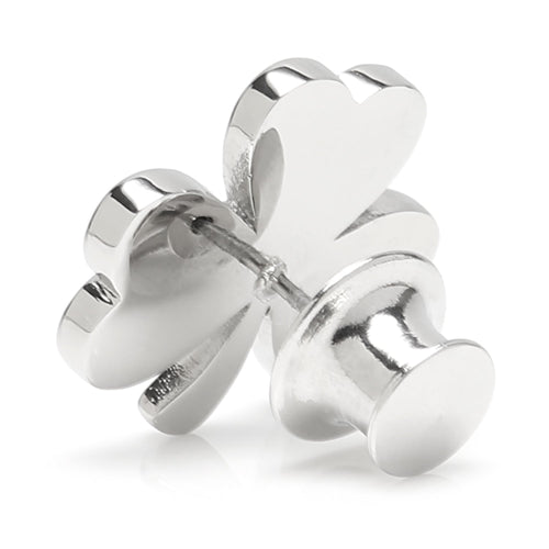 Stainless steel clover lapel pin with four rounded leaves and polished finish