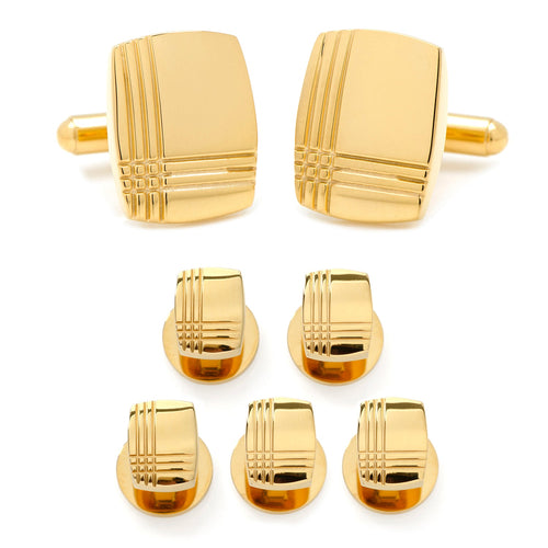 Stainless Steel Gold Tartan 5-Stud Set with etched tartan plaid design