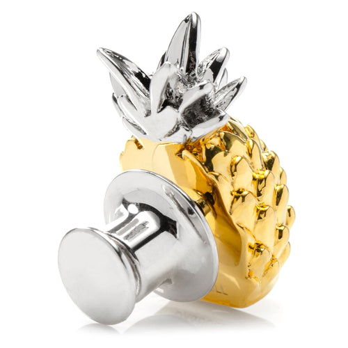 3D pineapple lapel pin with gold body, silver spiked leaves, round silver clutch post