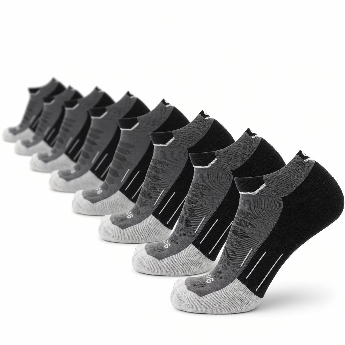8-pack ankle socks in dark and gray, cushioned foot with arch support tabs