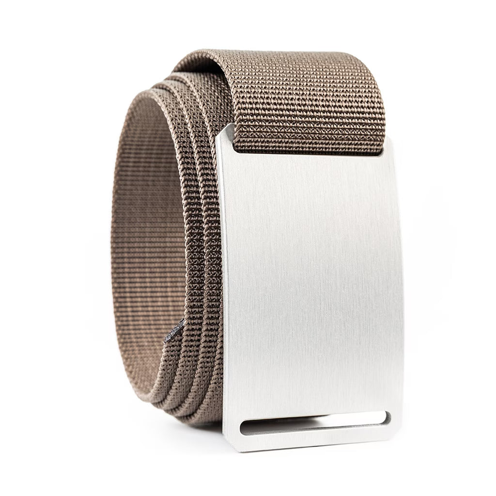 Brown woven belt with silver metal buckle and double-stitched strap end