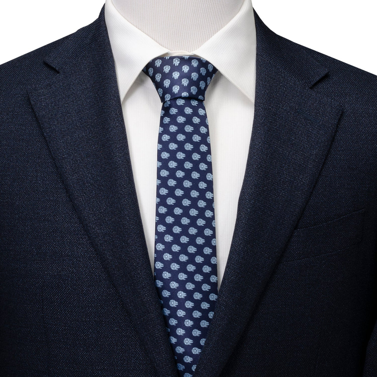 Navy suit tie with repeating light blue Millennium Falcon icons