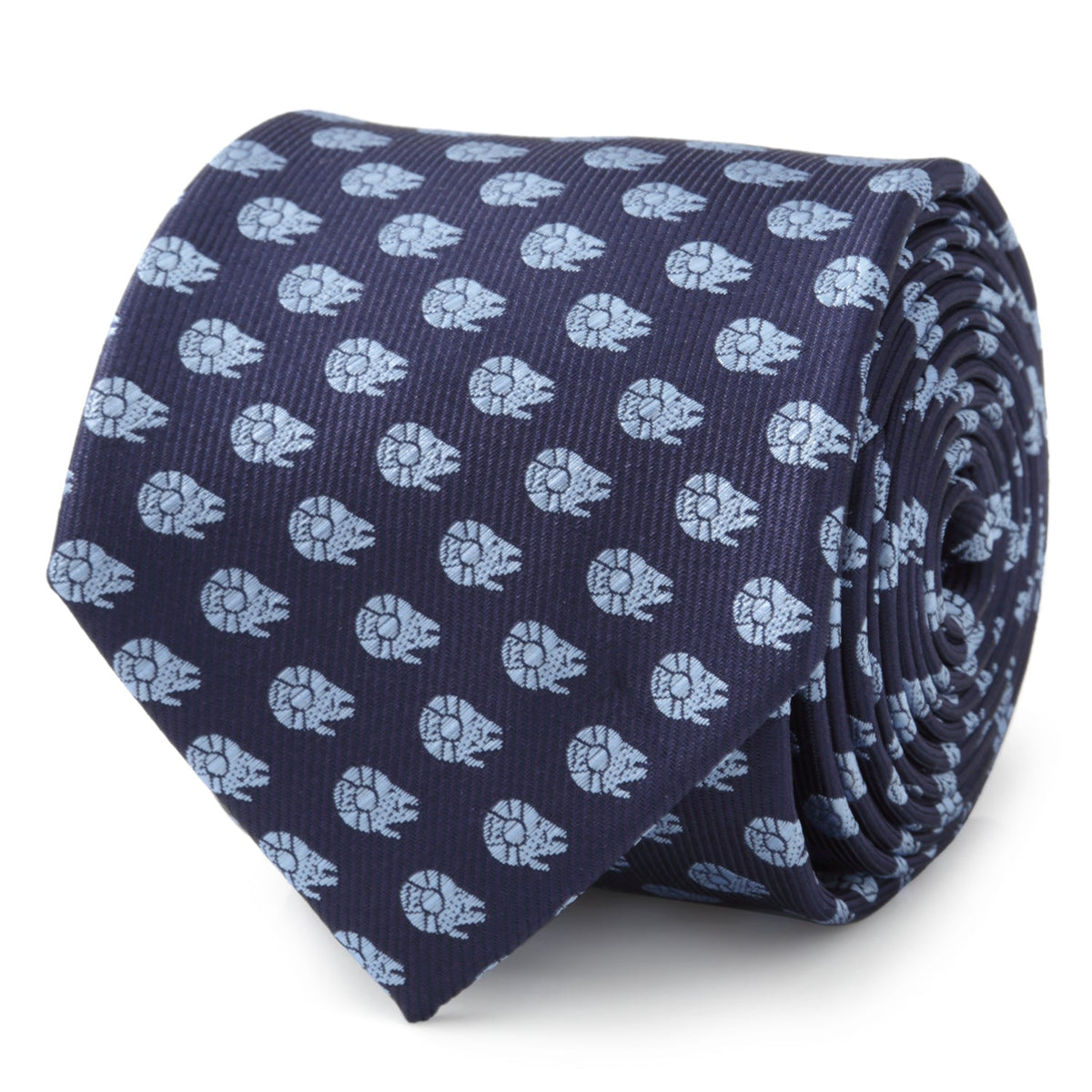 Navy necktie with repeating light blue Millennium Falcon pattern, rolled