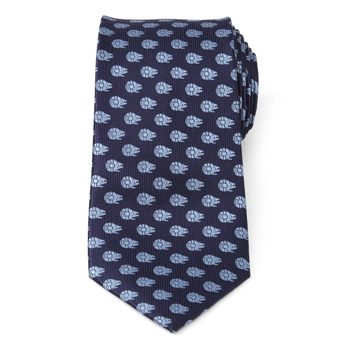 Navy necktie with repeating light blue Millennium Falcon icons