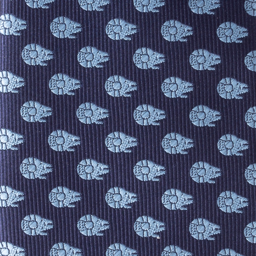 Close-up of navy necktie with light blue Millennium Falcon icons
