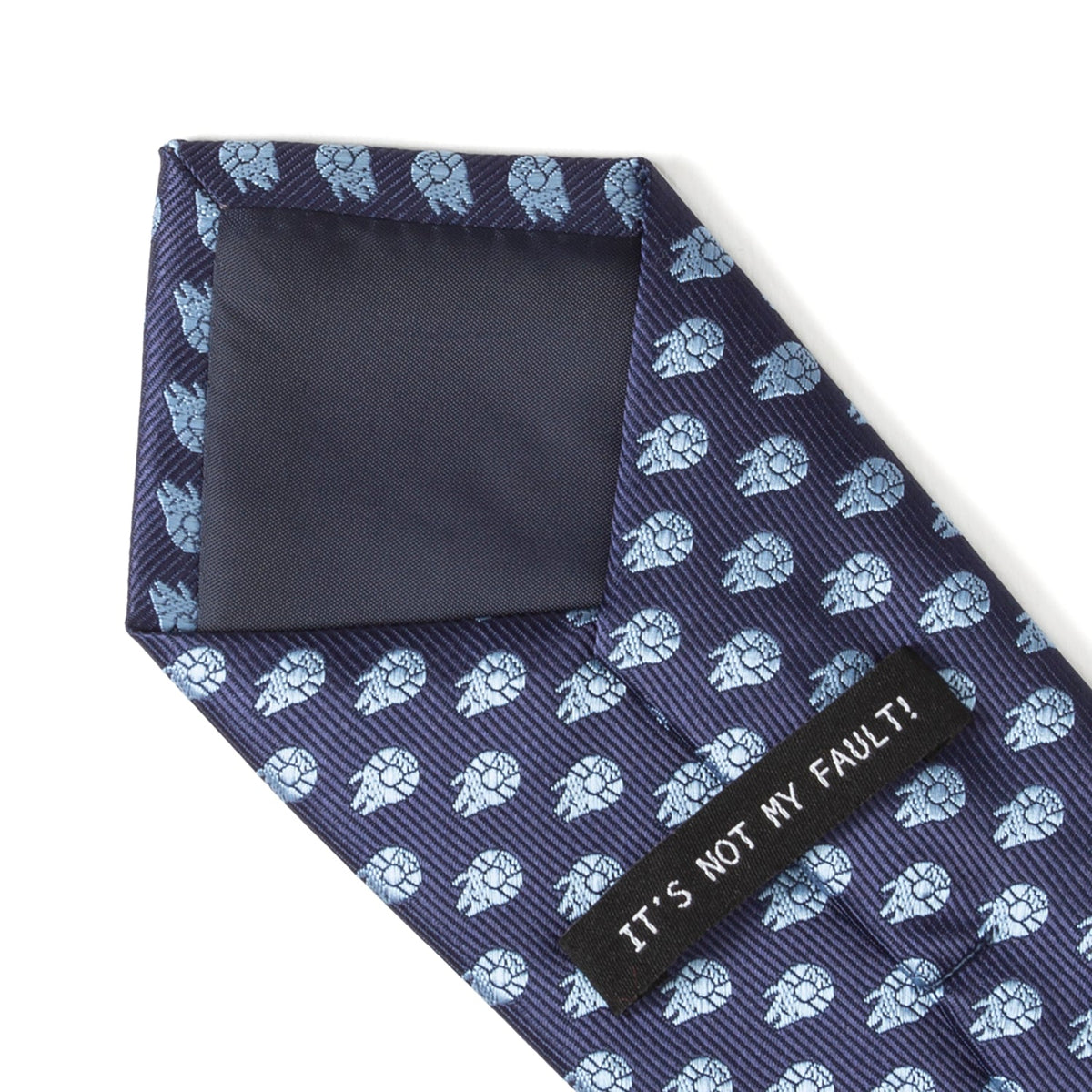 Navy necktie with inner label text 'IT'S NOT MY FAULT!'