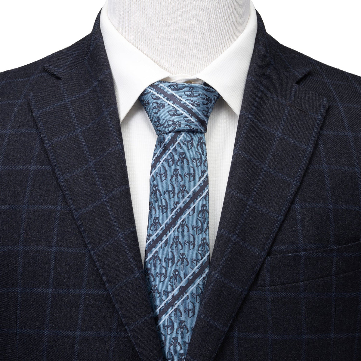 Star Wars Mandalorian and Mythosaur Blue and Navy Striped Tie