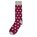 Sangria socks with white polka dots and gray heel, toe, and cuff