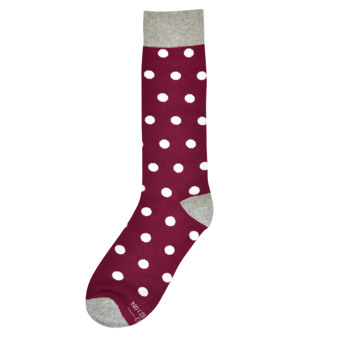 Sangria socks with white polka dots and gray heel, toe, and cuff