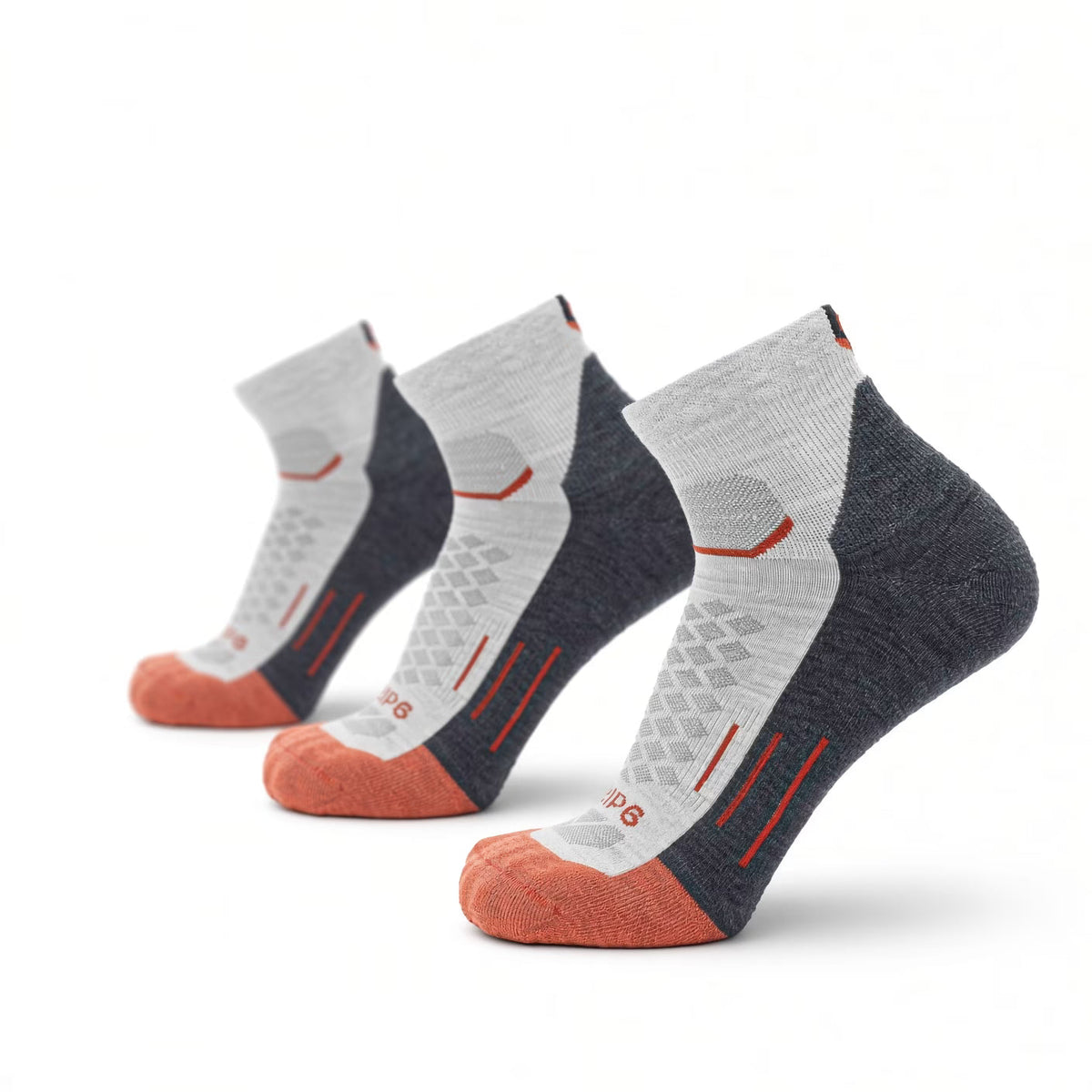 Three-pack merino wool quarter crew running socks in gray and dark colors with orange toes