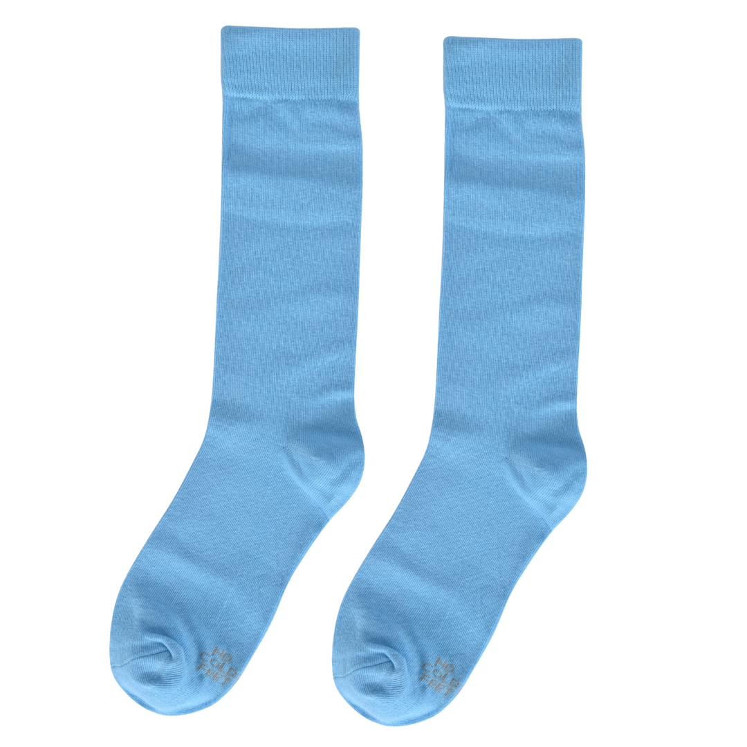 Pair of solid aquamarine blue crew socks with ribbed cuffs