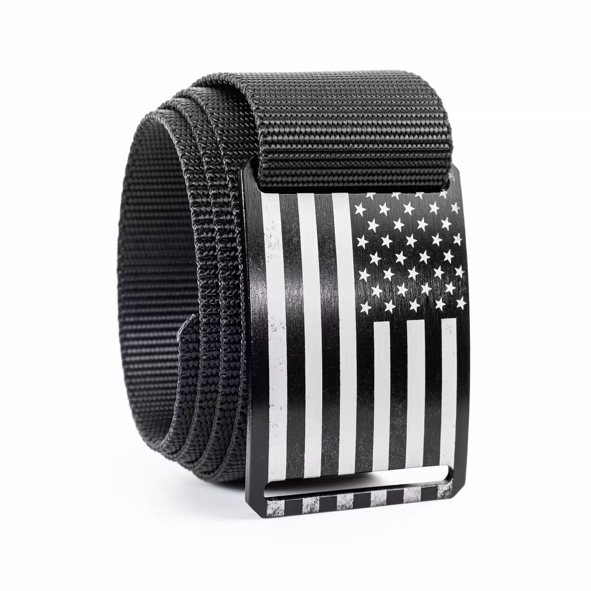 Black tactical web belt with American flag buckle, textured strap and metal keeper