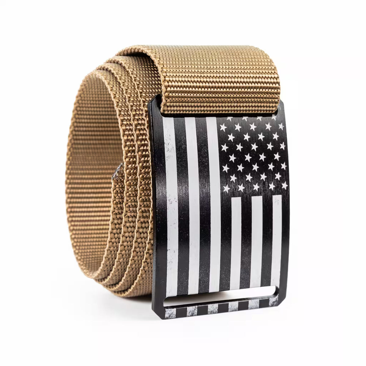 Tan tactical web belt with American flag buckle, textured strap and metal keeper