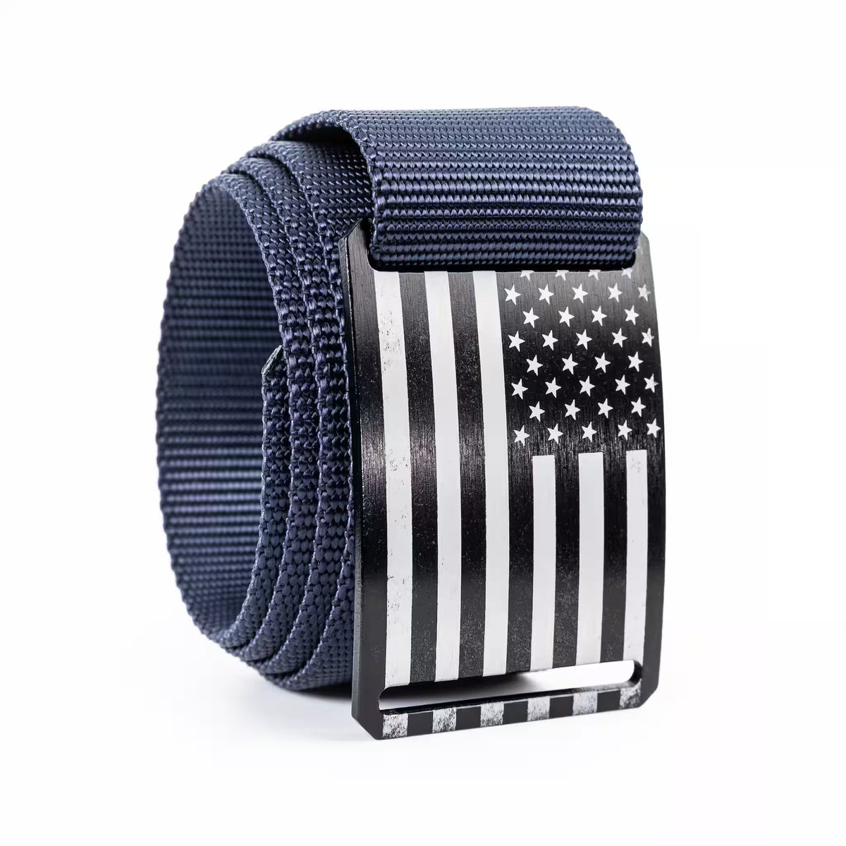 Navy tactical web belt with American flag buckle, textured strap and metal keeper