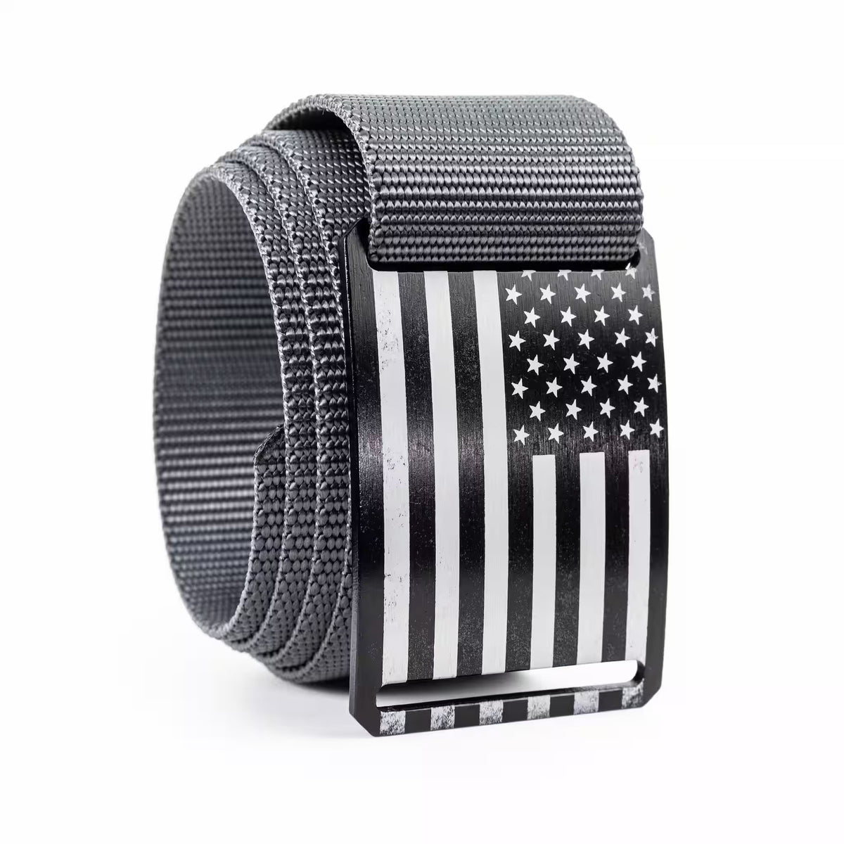 Gray tactical web belt with American flag buckle, textured strap and metal keeper